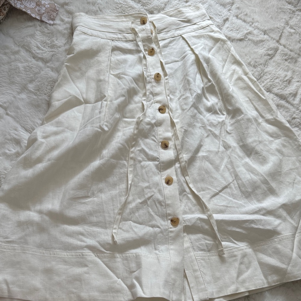 Button-Front White Linen Blend Midi Skirt